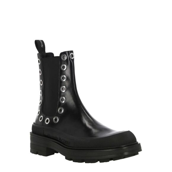 NWT Alexander McQueen Leather Grommet Eyelet Detailed Chelsea Boots Black Sz 45
